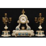 A 19th century French Grecian Revival alabaster clock garniture, 9.5cm circular dial inscribed