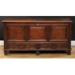 An 18th century oak blanket chest, hinged top enclosing a till and two small drawers, the front with