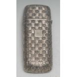 An early Victorian silver rounded rectangular faux basket-weave cigar case, hinged cover, vacant