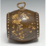 Kyoto Kumagaya tsukuri, A fine Japanese barrel shaped bronze and mixed metal box and cover, finely