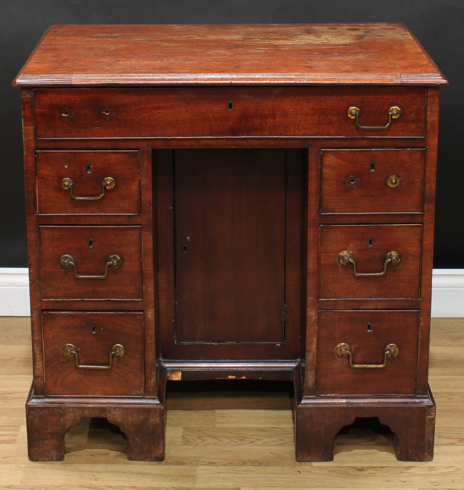 A George III mahogany kneehole desk, rectangular top with moulded edge above a long cockbeaded - Image 2 of 6