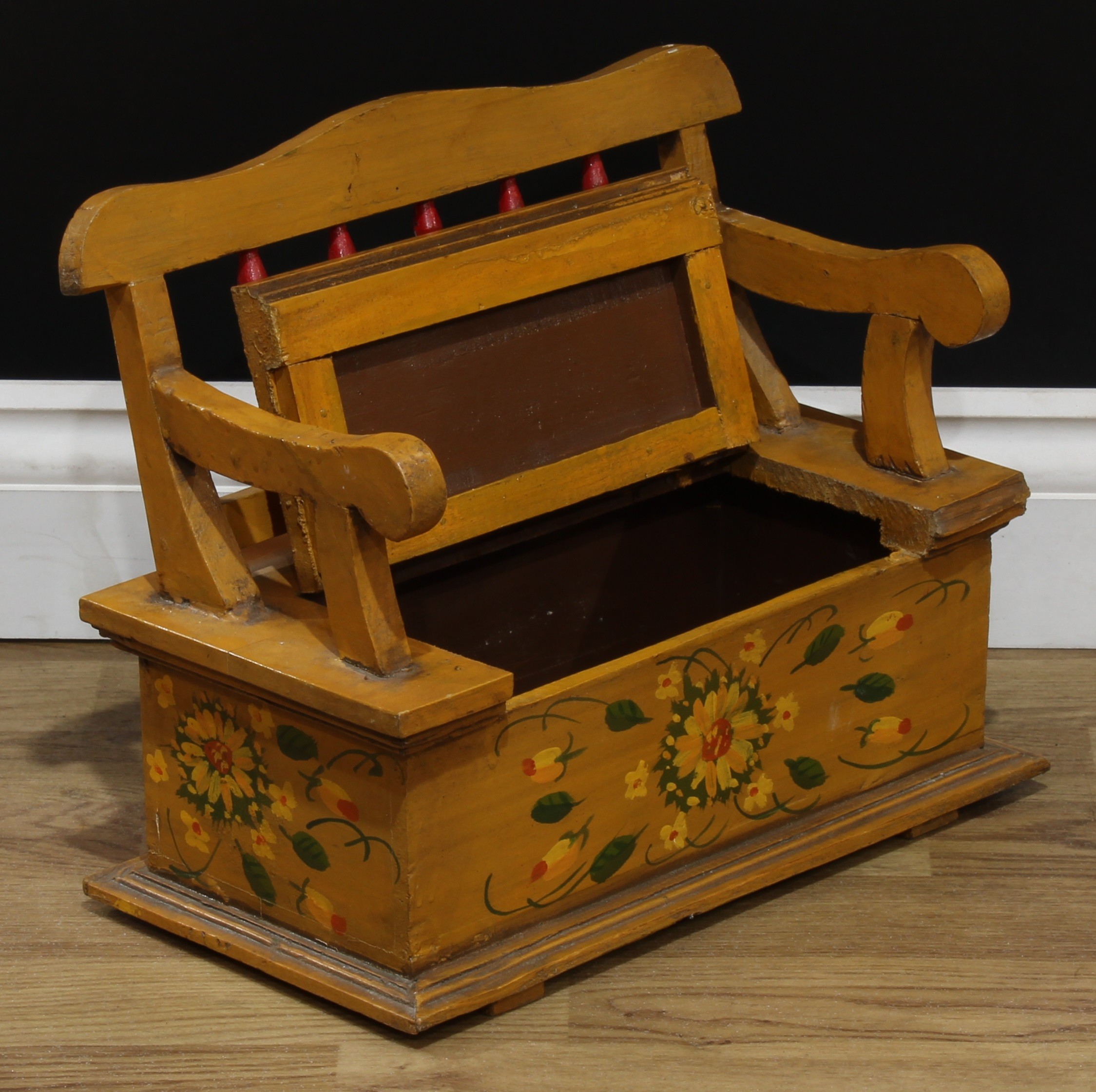 Miniature Furniture - an early-mid 20th century painted bench, possibly Scandinavian, painted with - Image 12 of 18
