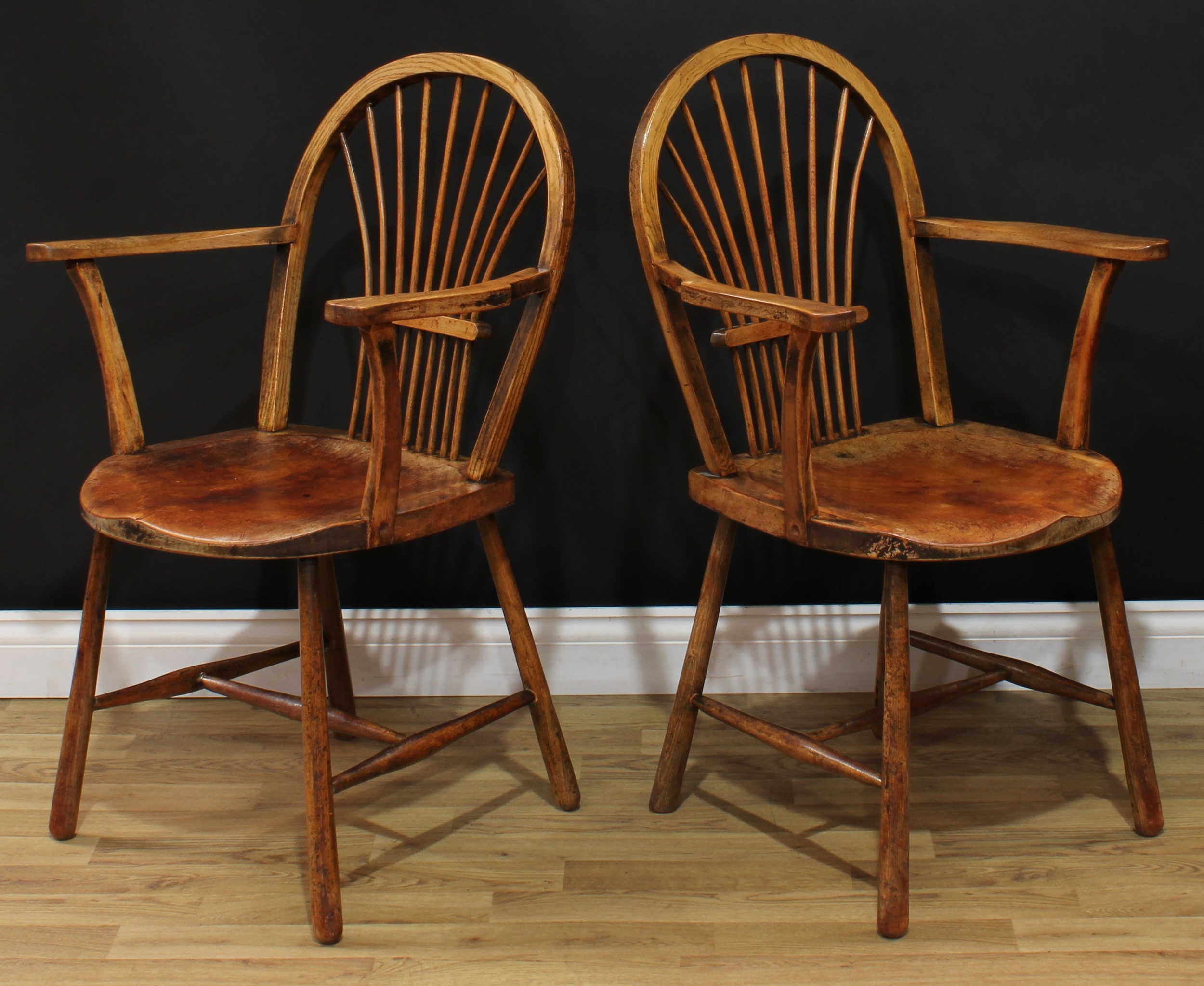 A pair of 19th century sheaf-back elbow chairs, of Windsor chair construction, hoop backs, saddle - Image 3 of 4