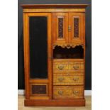 A late Victorian curly maple accented wardrobe, outswept cornice above a three-quarter mirrored door