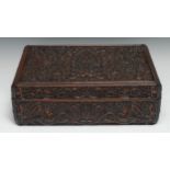 A Chinese hardwood rounded rectnagular box and cover, carved in relief with meandering foliate and