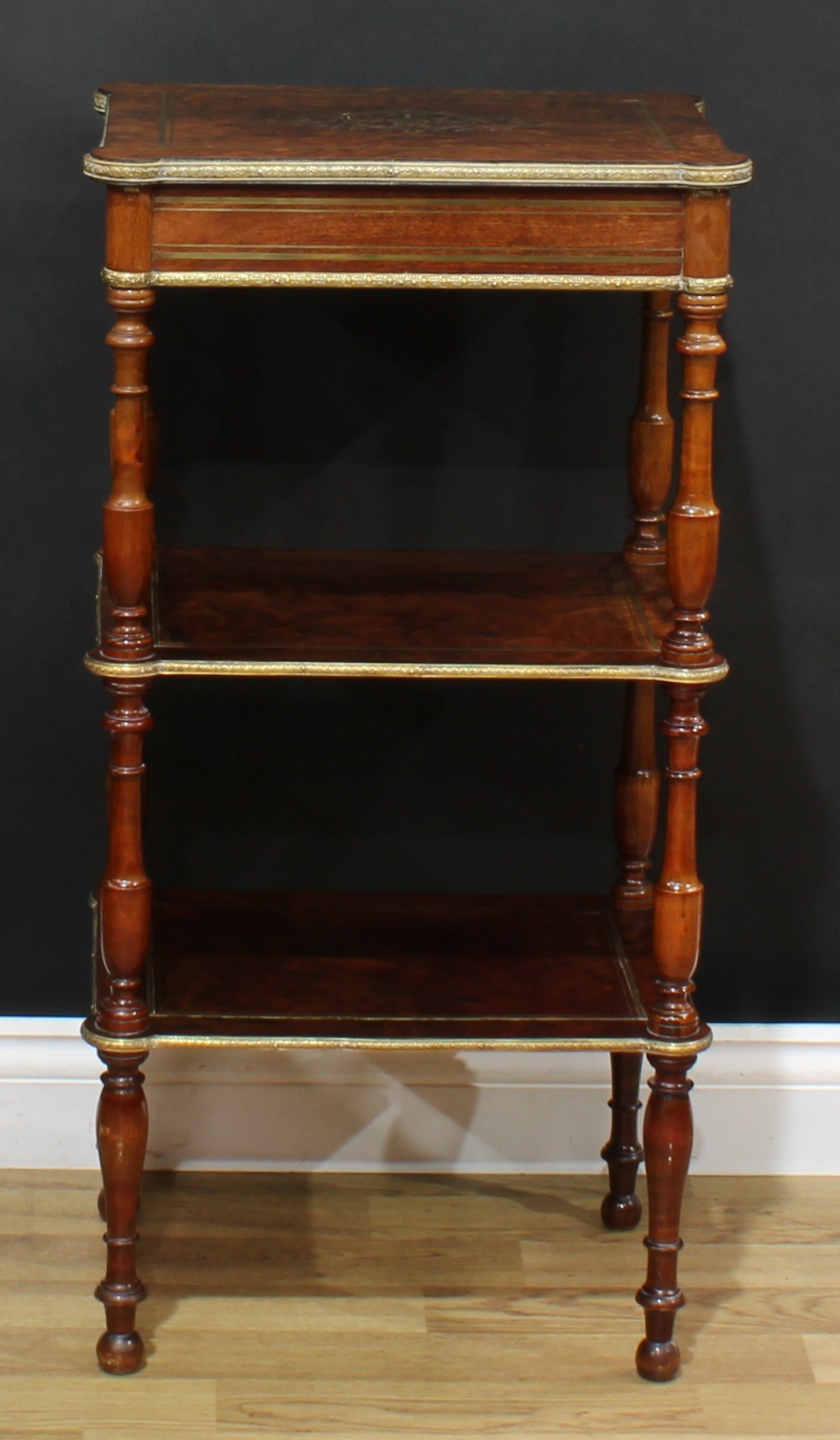 A 19th century French brass mounted and marquetry bijouterie etagere, hinged rectangular top - Image 6 of 6