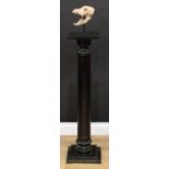 A Neo-Classical ebonised statuary pedestal, square plateau, fluted pillar, stepped base, 98cm