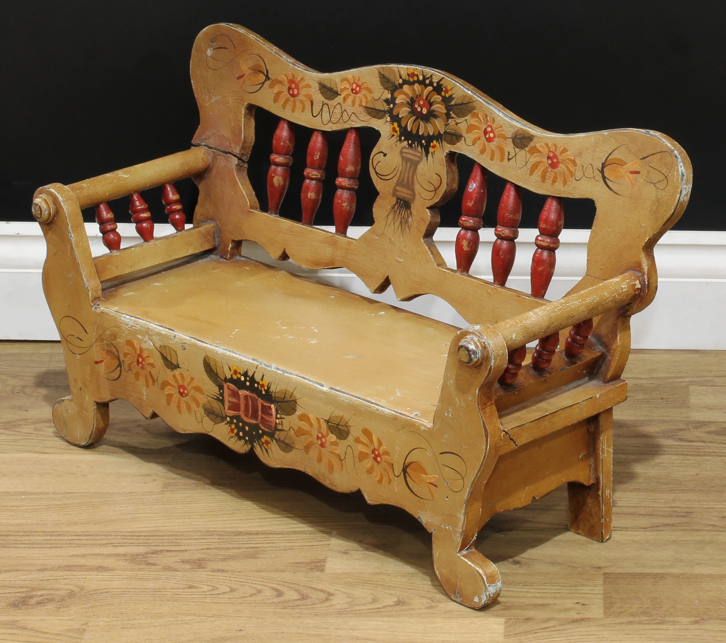 Miniature Furniture - an early-mid 20th century painted bench, possibly Scandinavian, painted with - Image 8 of 18