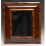 A William & Mary oyster veneered laburnum cushion looking glass/mirror, bevelled glass, 46cm x 41cm,