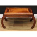 A Chinese hardwood low tea table, rectangular panel top, scroll end supports, 36cm high, 74cm