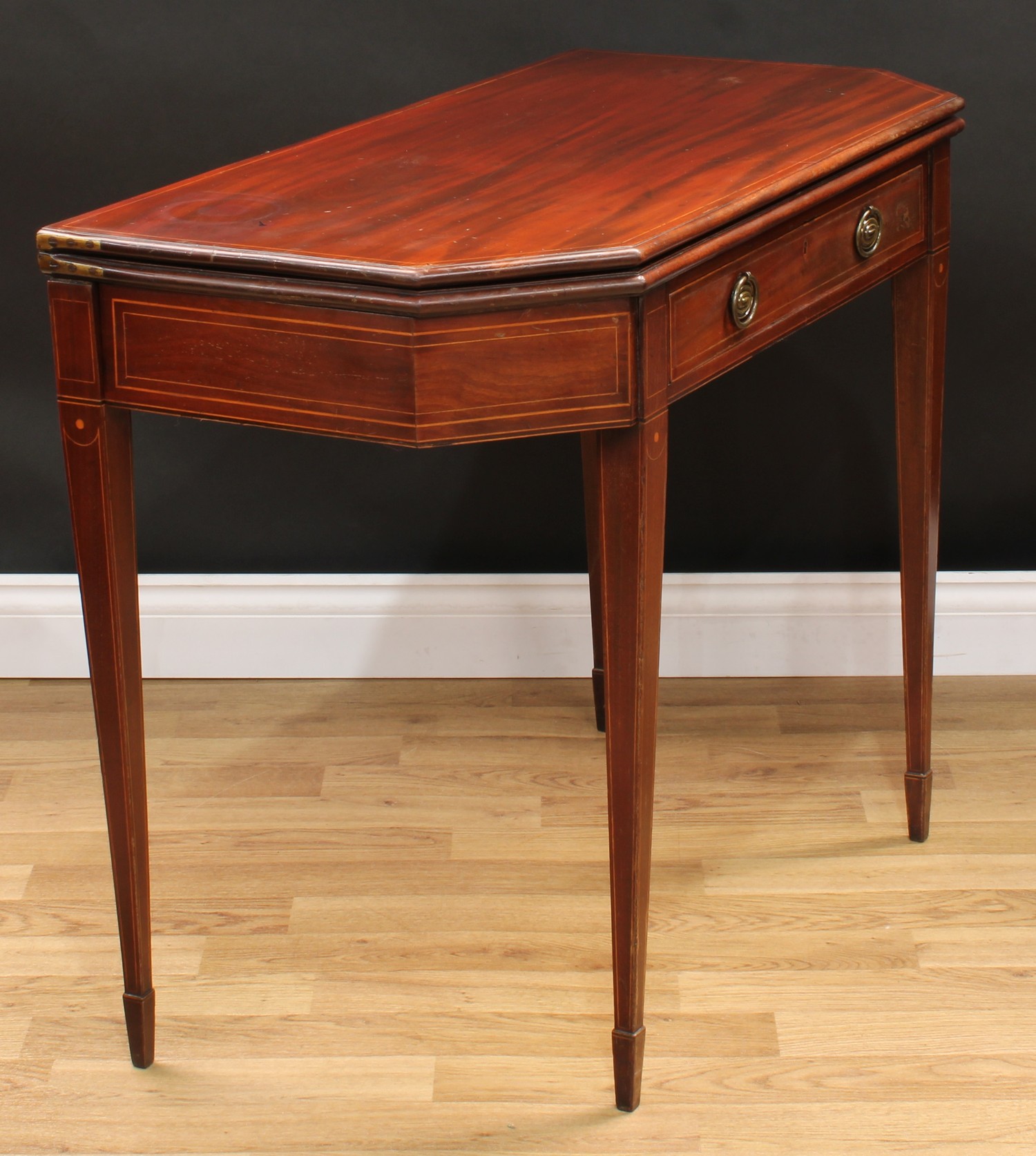 A George III mahogany tea table, canted rectangular top above a long frieze drawer, tapered square - Image 4 of 5