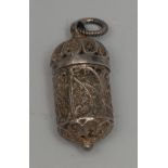 A 19th century silver filigree pomander, possibly maltese, screw-fitting cover, ring terminal, 4cm