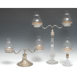 A Victorian silver plate and glass Clarke's 'Cricklite' two branch two light candelabrum, moulded