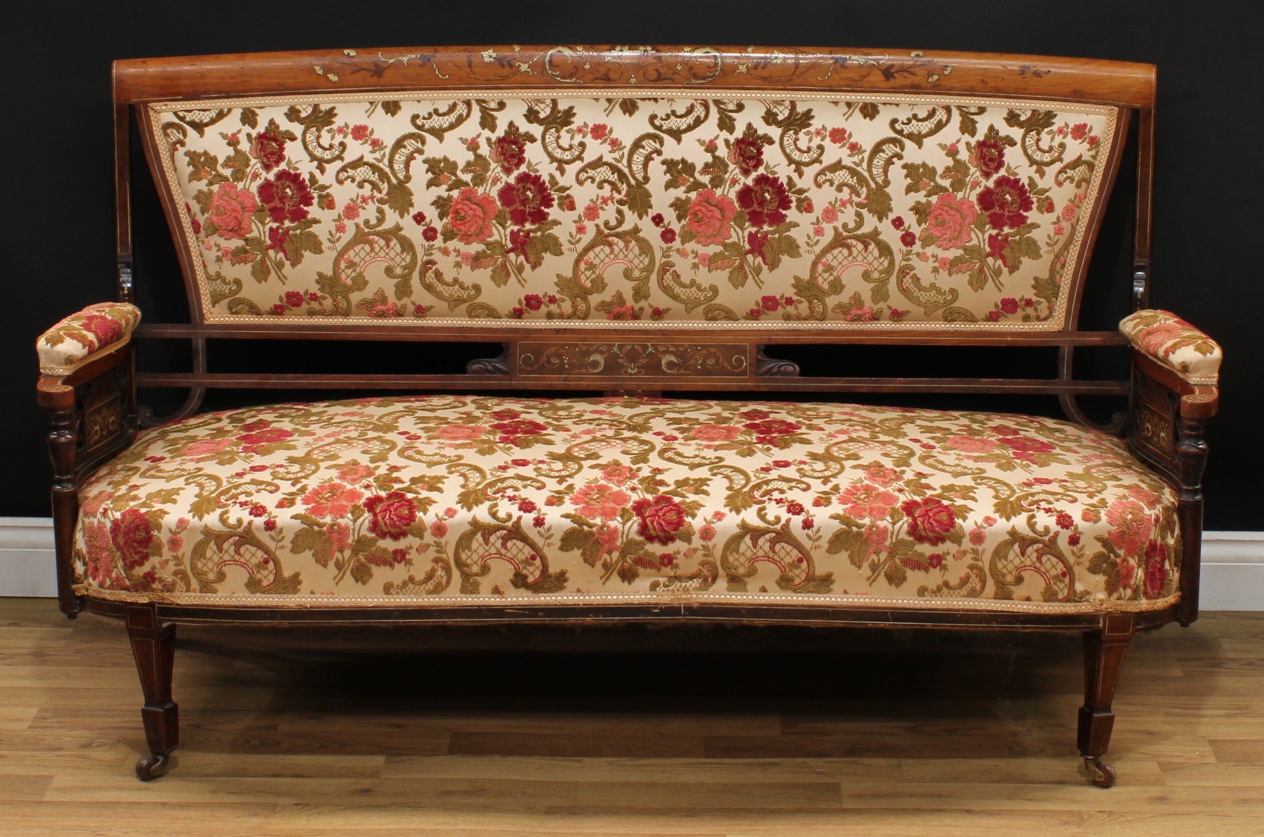 A late Victorian rosewood and marquetry four-piece drawing room suite, comprising a sofa, 85.5cm - Image 2 of 12