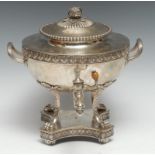 Irish Interest - a George III Neoclassical silver samovar, domed half-fluted cover with bud finial