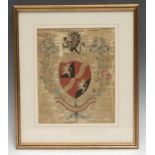A George III silk and needlework armorial, with spade shield and ribbon-tied garlands, 21.5cm x