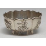 A Chinese silver lotus shaped pedestal bowl, applied with panels of persimmon, pomegranate,