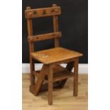 A Victorian Gothic Revival oak metamorphic chair, converting to library steps, rectangular