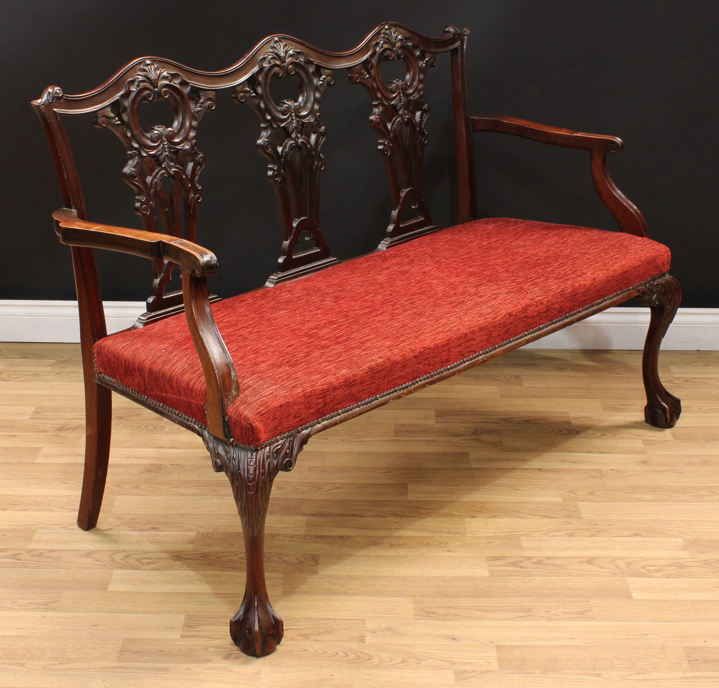 A Chippendale Revival triple chair back sofa, shaped cresting rail, shaped and pierced splats carved - Image 2 of 4