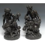 Claude Michel Clodion (after), a pair of dark patinated bronzes, satyrs and frolicking infants