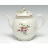 A Worcester globular teapot and cover, painted in polychrome with flowers, 12cm high, c. 1775