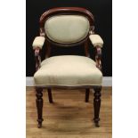 A Victorian mahogany open armchair, by Cornelius V Smith (London), stamped, stuffed-over