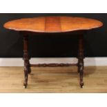 A Victorian burr walnut shaped oval Sutherland table, quarter-veneered top with fall leaves, drawers