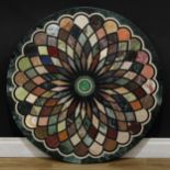 A pietra dura circular table top, inlaid with malachite, amethyst quartz and other specimen