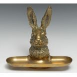 A 19th century gilt bronze novelty inkwell, cast as the head of a hare, hinged cover enclosing a