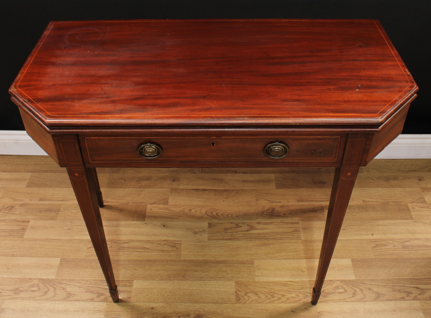 A George III mahogany tea table, canted rectangular top above a long frieze drawer, tapered square - Image 2 of 5