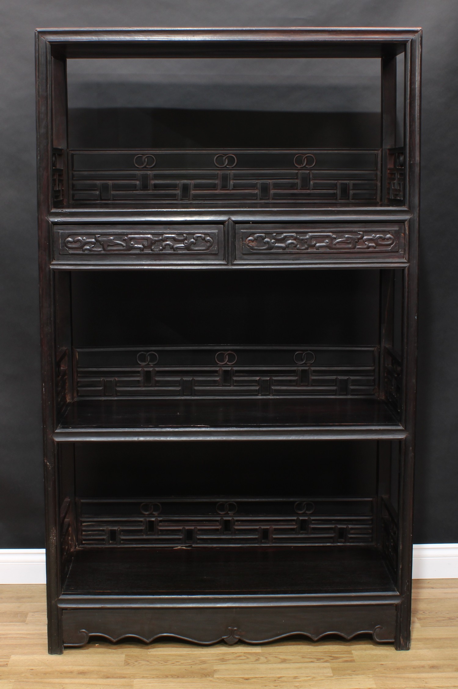 A Chinese hardwood open porcelain vitrine or display cabinet, flush rectangular top above three - Image 2 of 3