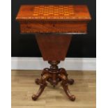 A Victorian walnut and parquetry combination games, card and work table, hinged rectangular top