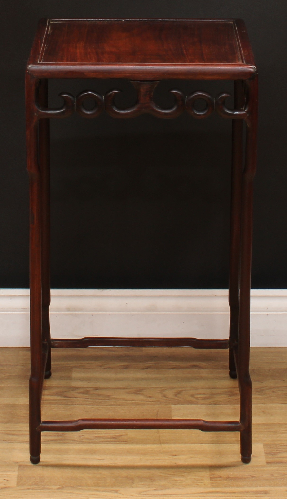A Chinese hardwood jardiniere stand, panel top above a deep frieze pierced and carved with - Image 2 of 3