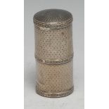 A French silver cylindrical scent bottle case, engine turned, push-fitting cover, 7cm long, c. 1860