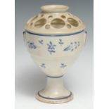 A Pinxton pedestal vase, with ring loop handles, enamelled in blue with foliate sprigs, pierced