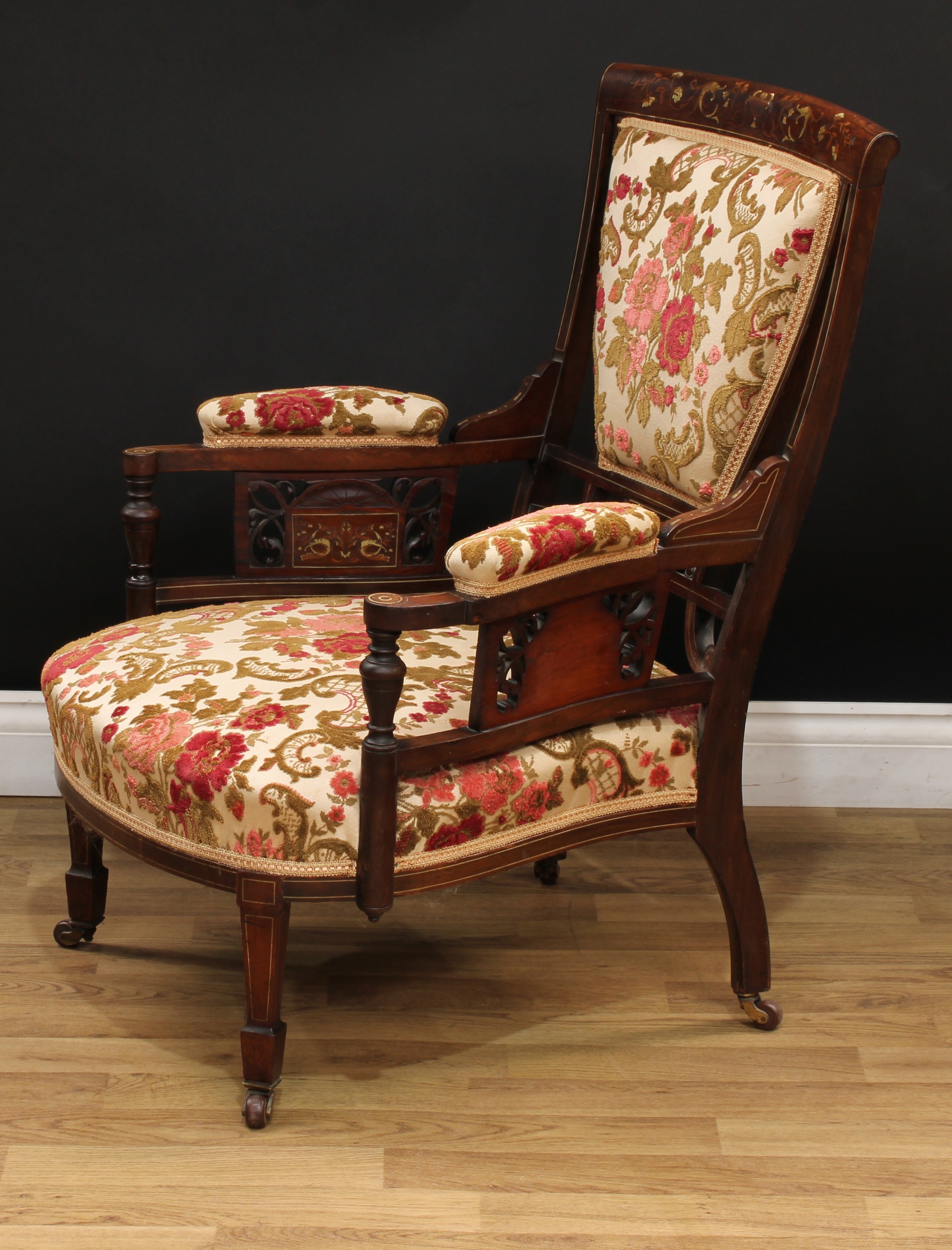 A late Victorian rosewood and marquetry four-piece drawing room suite, comprising a sofa, 85.5cm - Image 8 of 12