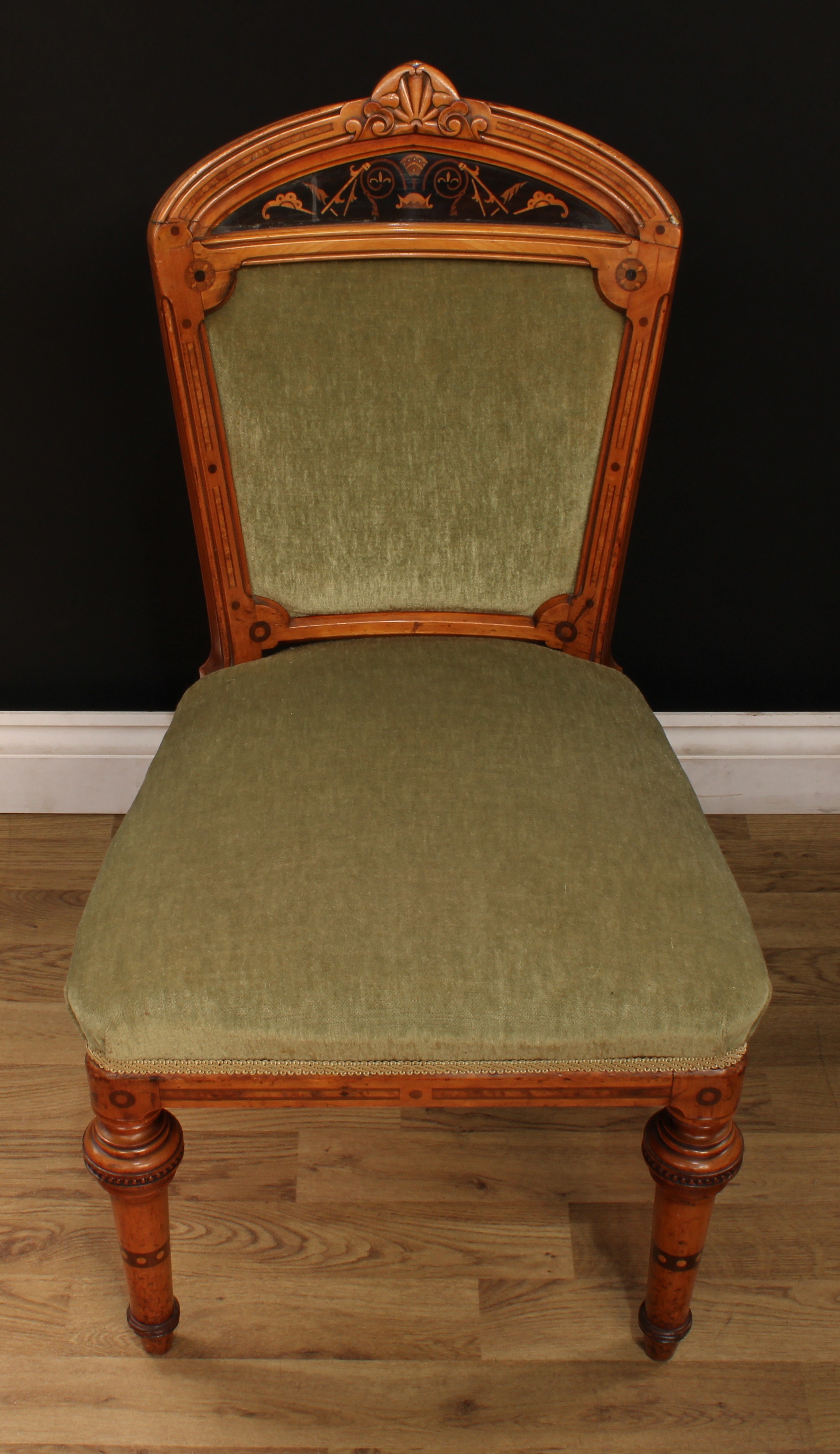 A pair of Victorian walnut and marquetry side chairs, each with shaped cresting rail carved with a - Image 3 of 7