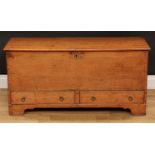 An 18th century oak mule chest, of small proportions, hinged cover, the front with two short