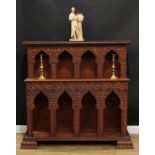 A Moorish design hardwood side cabinet, rectangular top above a row of four mihrab arches, the
