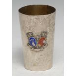 A Continental silver and enamel tapered cylindrical marriage cup, applied with coats of arms, gilt