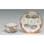 A Meissen teacup and saucer, well-painted with harbour scenes, the sides with scattered sprigs,