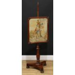 An early Victorian pole screen, rectangular rosewood framed banner worked with a Tudor couple,