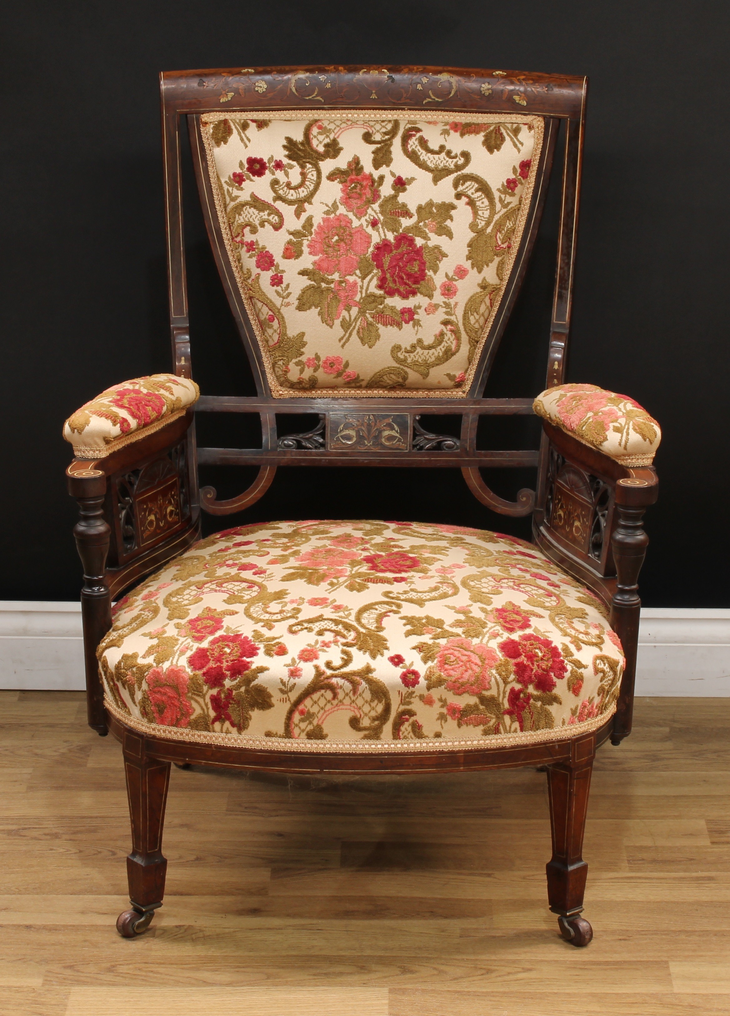 A late Victorian rosewood and marquetry four-piece drawing room suite, comprising a sofa, 85.5cm - Image 7 of 12