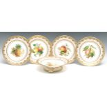 A set of four Minton dessert plates and pedestal comport, each painted with a fruit within a gilt