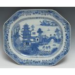 A large Chinese porcelain shaped octagonal meat plate, painted in underglaze blue with a stylized