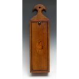 A 19th century mahogany candle box, axe-head cresting, crossbanded sliding cover inlaid with a