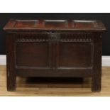A Charles II oak blanket chest, of small proportions, hinged three panel top above a nulled frieze