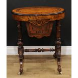 A Victorian walnut, ebonised and marquetry work table, hinged oval top with moulded edge enclosing