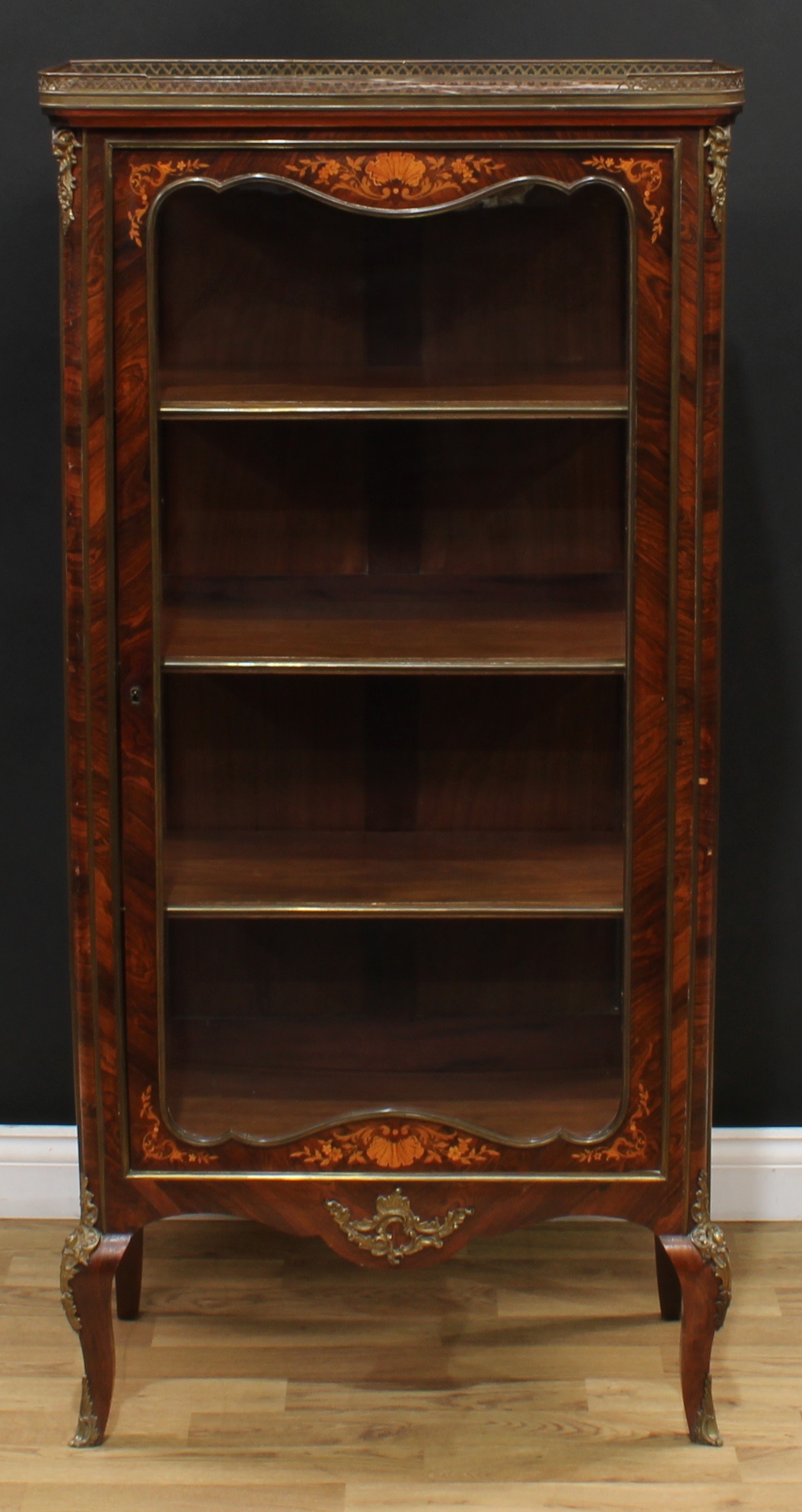 A Louis XV Revival gilt metal mounted rosewood and marquetry vitrine, rouge marble top with - Image 2 of 3