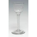 An English cordial glass, bucket shaped bowl engraved with flower and folaige, cotton twist stem